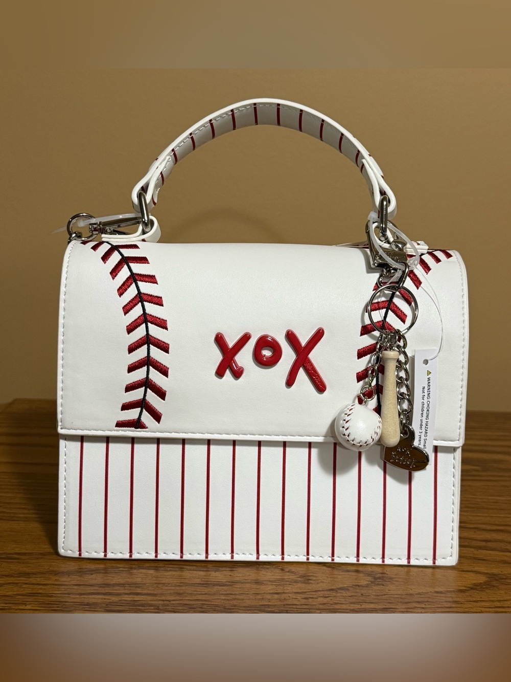 Betsey Johnson White & Red 'XOX' Baseball Stitch Satchel With Crossbody Strap